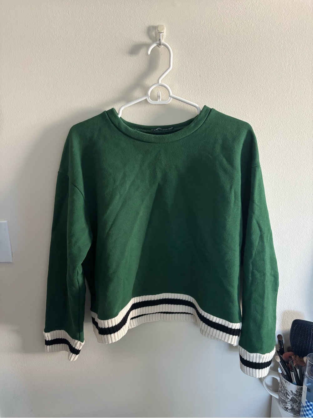 Zara Green Crewneck Sweater with Cream and Black Trim